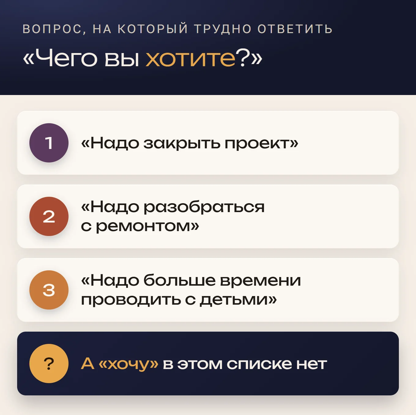 Схема: на вопрос «чего вы хотите?» человек отвечает списком «надо»: надо закрыть проект, надо разобраться с ремонтом, надо больше времени проводить с детьми. А «хочу» в этом списке нет