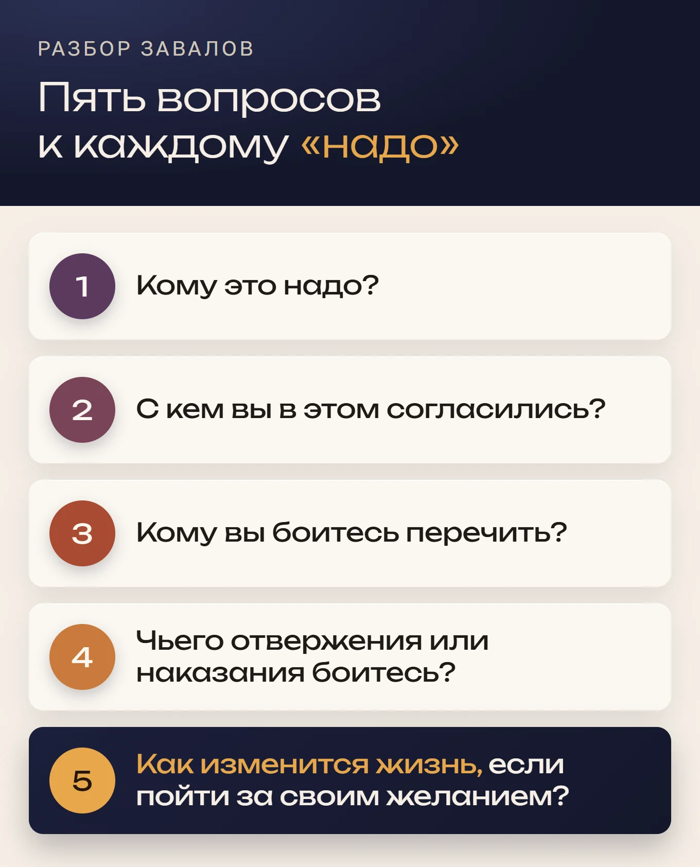 Схема: пять вопросов к каждому «надо». Кому это надо, с кем вы в этом согласились, кому боитесь перечить, чьего отвержения или наказания боитесь, как изменится жизнь, если пойти за своим желанием